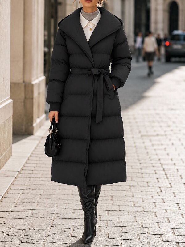 RosyDaze Women's Solid Belted Elastic Cuffed Hooded Long Winter Coat Everyday Outing Black Casual
