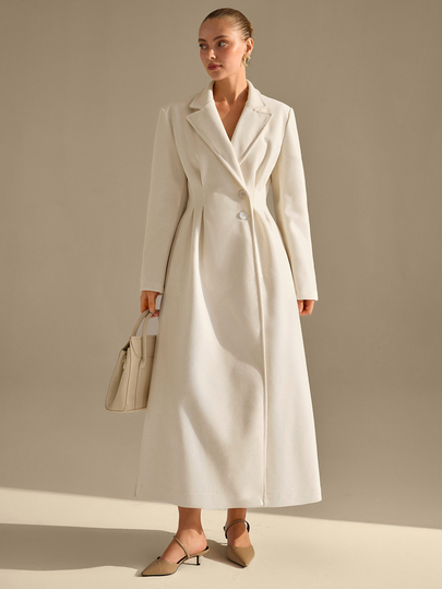 CLARA VERO Notch Lapel Button Front Maxi Coat, Slim Fit, Ideal For Elegant Dinners Or Business Meetings, Classic Notched Lapel, Single Breasted Closure, Floor Length, Structured Wool-Like Material
