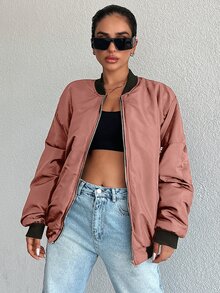 EURMUSE Women's Solid Color Baseball Collar Drop Shoulder Jacket - Burgundy - View 4