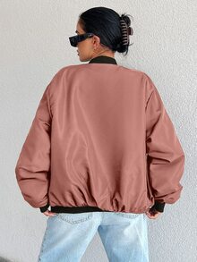 EURMUSE Women's Solid Color Baseball Collar Drop Shoulder Jacket - Burgundy - View 2