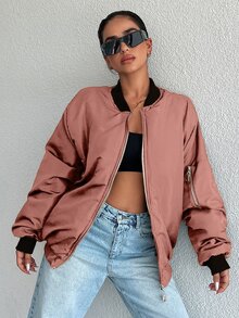 EURMUSE Women's Solid Color Baseball Collar Drop Shoulder Jacket - Burgundy - View 3