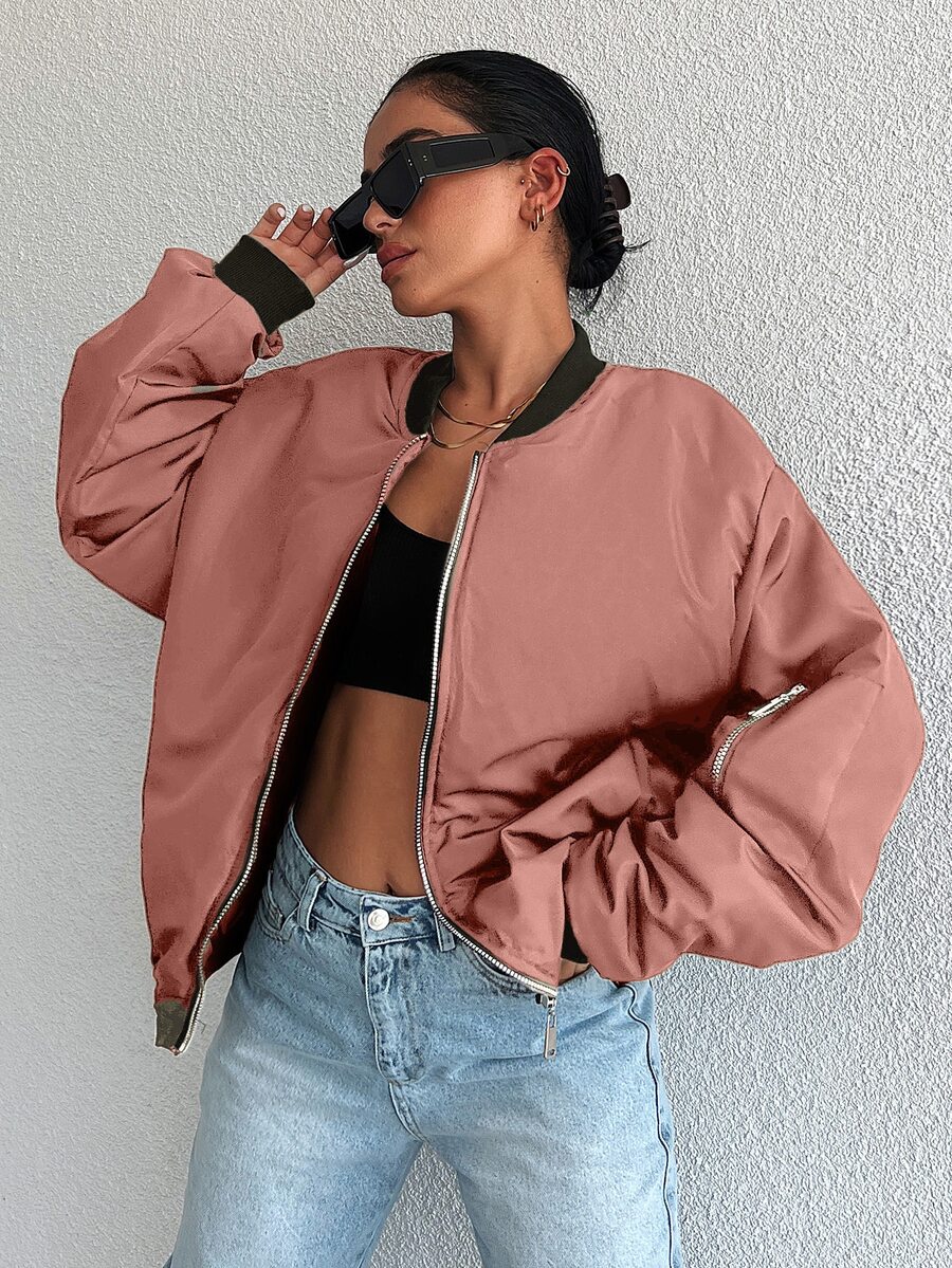 EURMUSE Women's Solid Color Baseball Collar Drop Shoulder Jacket - Burgundy - View 1