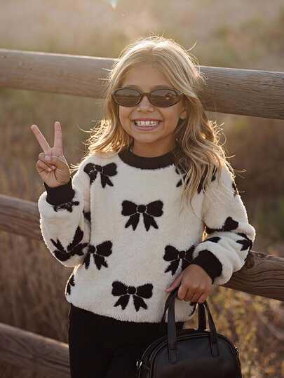 Emery Rose Kids Young Girl Bow Print Colorblock Warm Sweatshirt