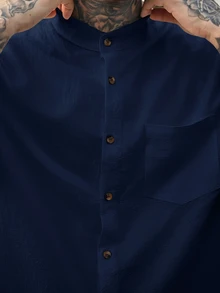 Devon Thys Manfinity Modomio 2件組男士編織立領修身短袖休閒襯衫套裝 - 藏蓝色 - 查看 4