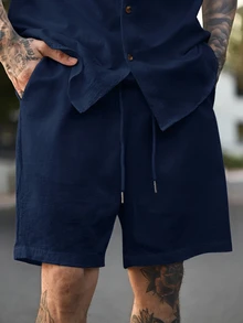 Devon Thys Manfinity Modomio 2件組男士編織立領修身短袖休閒襯衫套裝 - 藏蓝色 - 查看 6
