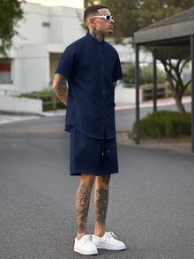 Devon Thys Manfinity Modomio 2件組男士編織立領修身短袖休閒襯衫套裝 - 藏蓝色 - 查看 5