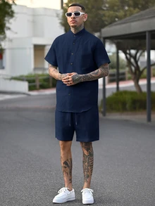 Devon Thys Manfinity Modomio 2件組男士編織立領修身短袖休閒襯衫套裝 - 藏蓝色 - 查看 1