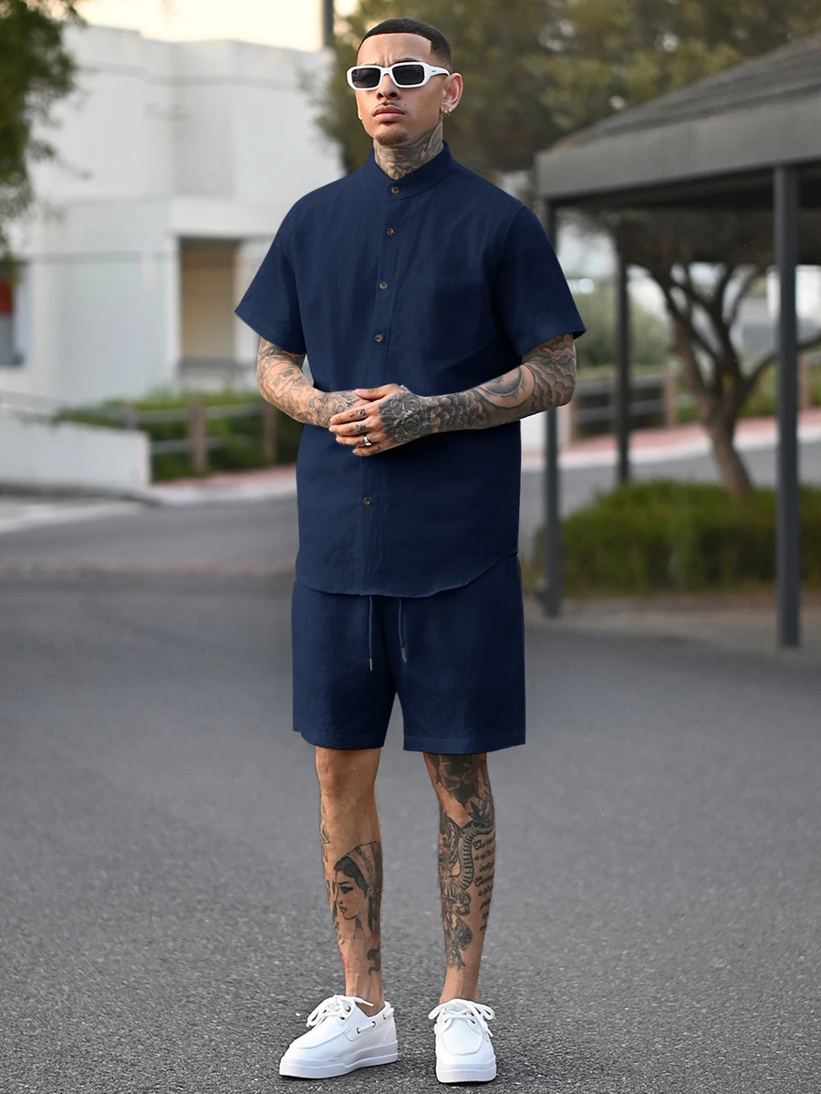 Devon Thys Manfinity Modomio 2件組男士編織立領修身短袖休閒襯衫套裝 - 藏蓝色 - 查看 1