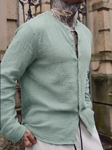Artur Kramer 男士纯色长袖衬衫，纽扣开襟，秋季/假日款 - 綠色 - 查看 3