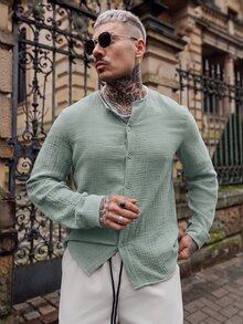 Artur Kramer 男士纯色长袖衬衫，纽扣开襟，秋季/假日款 - 綠色 - 查看 1