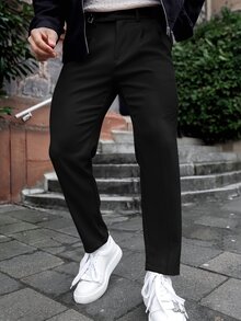 Artur Kramer 男士素色打褶腰部扣環設計直筒寬鬆休閒西裝正裝長褲，適合典禮 - 黑色 - 查看 3