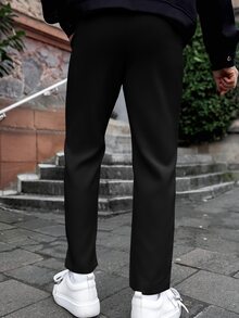 Artur Kramer 男士素色打褶腰部扣環設計直筒寬鬆休閒西裝正裝長褲，適合典禮 - 黑色 - 查看 2