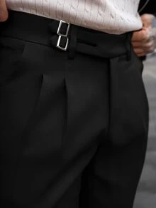 Artur Kramer 男士素色打褶腰部扣環設計直筒寬鬆休閒西裝正裝長褲，適合典禮 - 黑色 - 查看 4
