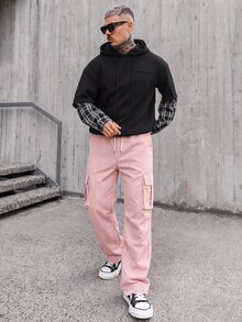 Artur Kramer Men Loose Fit Flap Pocket Side Drawstring Waist Cargo Pants, Fall - Pink - View 1