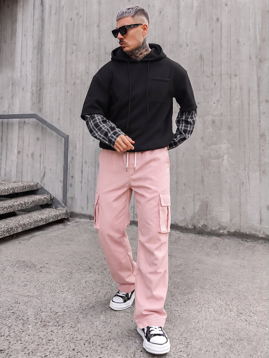 Artur Kramer Men Loose Fit Flap Pocket Side Drawstring Waist Cargo Pants, Fall - Pink - View 1