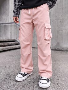 Artur Kramer Men Loose Fit Flap Pocket Side Drawstring Waist Cargo Pants, Fall - Pink - View 4