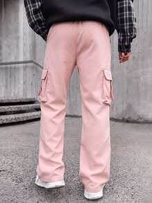Artur Kramer Men Loose Fit Flap Pocket Side Drawstring Waist Cargo Pants, Fall - Pink - View 2
