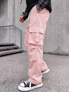 Artur Kramer Men Loose Fit Flap Pocket Side Drawstring Waist Cargo Pants, Fall - Pink - View 3