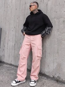 Artur Kramer Men Loose Fit Flap Pocket Side Drawstring Waist Cargo Pants, Fall - Pink - View 6