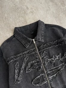 SHEIN 青少年女孩毛邊字母黑色牛仔短版寬鬆長袖夾克，可搭配白色襯衫 - 黑色 - 查看 6