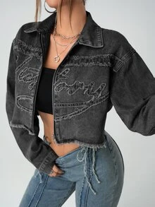 SHEIN 青少年女孩毛邊字母黑色牛仔短版寬鬆長袖夾克，可搭配白色襯衫 - 黑色 - 查看 3