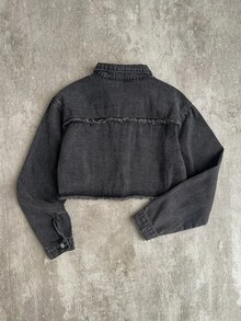 SHEIN 青少年女孩毛邊字母黑色牛仔短版寬鬆長袖夾克，可搭配白色襯衫 - 黑色 - 查看 7