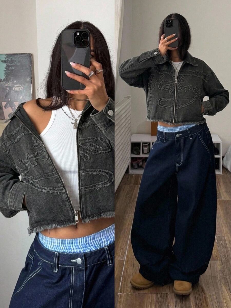 SHEIN 青少年女孩毛邊字母黑色牛仔短版寬鬆長袖夾克,可搭配白色襯衫 - 黑色 - 查看 1