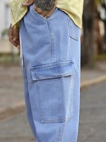 Devon Thys Loose Fit Men's Top-Stitching Detail Drawstring Waist Cargo Style Jeans - Light Wash - View 4