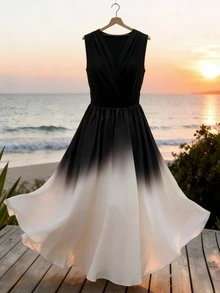 Franclia Ombre Black And White Sleeveless V-Neck Cinched Waist Maxi Dress, Suitable For Banquet Cocktail Party Night Dinner And Commute Summer Elegant - Black - View 6