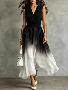 Franclia Ombre Black And White Sleeveless V-Neck Cinched Waist Maxi Dress, Suitable For Banquet Cocktail Party Night Dinner And Commute Summer Elegant - Black - View 1