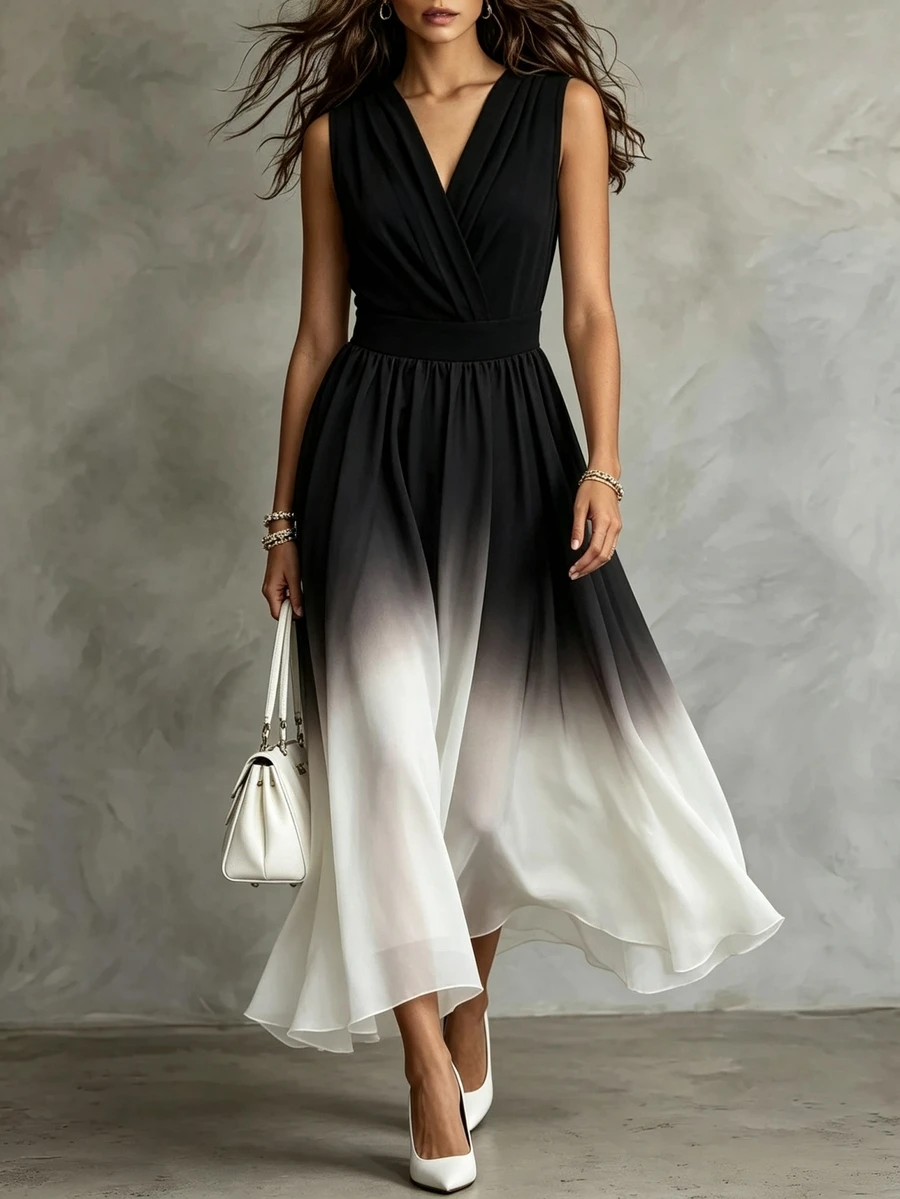 Franclia Ombre Black And White Sleeveless V-Neck Cinched Waist Maxi Dress, Suitable For Banquet Cocktail Party Night Dinner And Commute Summer Elegant - Black - View 1