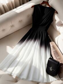 Franclia Ombre Black And White Sleeveless V-Neck Cinched Waist Maxi Dress, Suitable For Banquet Cocktail Party Night Dinner And Commute Summer Elegant - Black - View 7