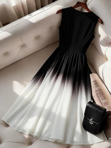 Franclia Ombre Black And White Sleeveless V-Neck Cinched Waist Maxi Dress, Suitable For Banquet Cocktail Party Night Dinner And Commute Summer Elegant - Black - View 2