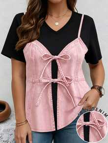 EMERY ROSE Patchwork Design Pattern Print Short Sleeve Fashion Plus Size T-Shirt - Multicolor - View 1
