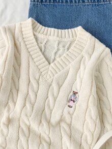 SHEIN 1件女童毛衣，時尚百搭V領復古麻花編織，可愛熊刺繡圖案，休閒學院風，適中厚度，整齊下擺，緊口袖口，手感順滑，短版純色套頭衫，適合日常穿著、上學、出遊、旅行等場合，秋冬穿搭 - 杏色 - 查看 5