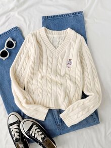 SHEIN 1件女童毛衣，時尚百搭V領復古麻花編織，可愛熊刺繡圖案，休閒學院風，適中厚度，整齊下擺，緊口袖口，手感順滑，短版純色套頭衫，適合日常穿著、上學、出遊、旅行等場合，秋冬穿搭 - 杏色 - 查看 1