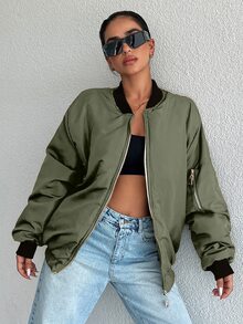 EURMUSE Ladies' Simple Solid Color Sports Style Zipper Jacket - Army Green - View 3
