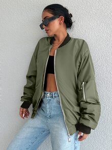 EURMUSE Ladies' Simple Solid Color Sports Style Zipper Jacket - Army Green - View 5