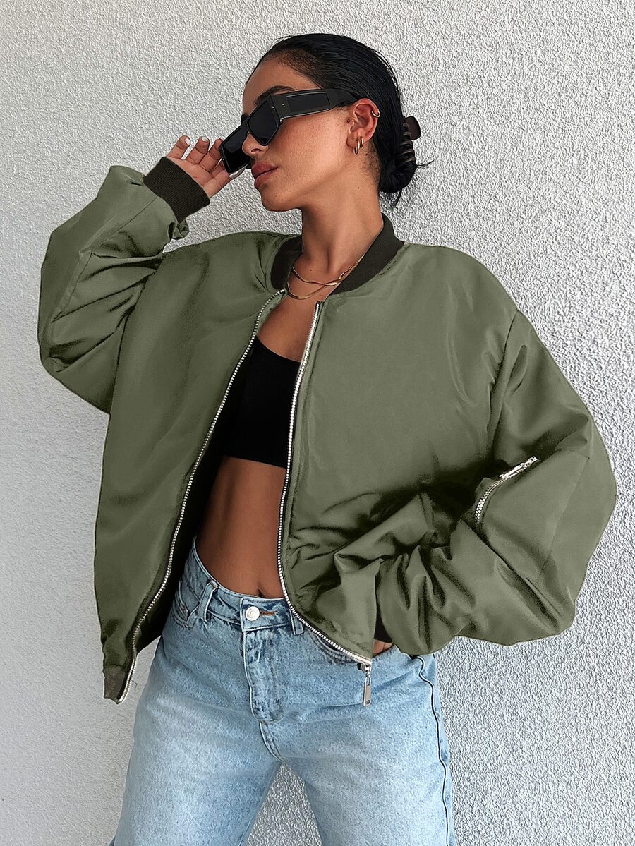 EURMUSE Ladies' Simple Solid Color Sports Style Zipper Jacket - Army Green - View 1