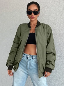 EURMUSE Ladies' Simple Solid Color Sports Style Zipper Jacket - Army Green - View 4