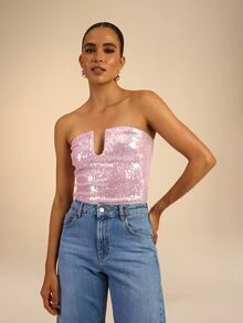 Dancing Leopard Pink Sequin Bandeau Top, Evening Party Outfit - Purple - View 5