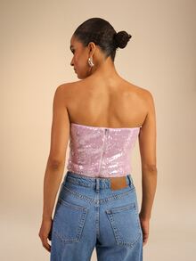 Dancing Leopard Pink Sequin Bandeau Top, Evening Party Outfit - Purple - View 2