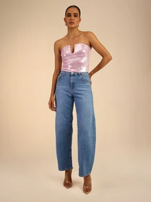 Dancing Leopard Pink Sequin Bandeau Top, Evening Party Outfit - Purple - View 4