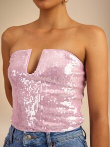 Dancing Leopard Pink Sequin Bandeau Top, Evening Party Outfit - Purple - View 6