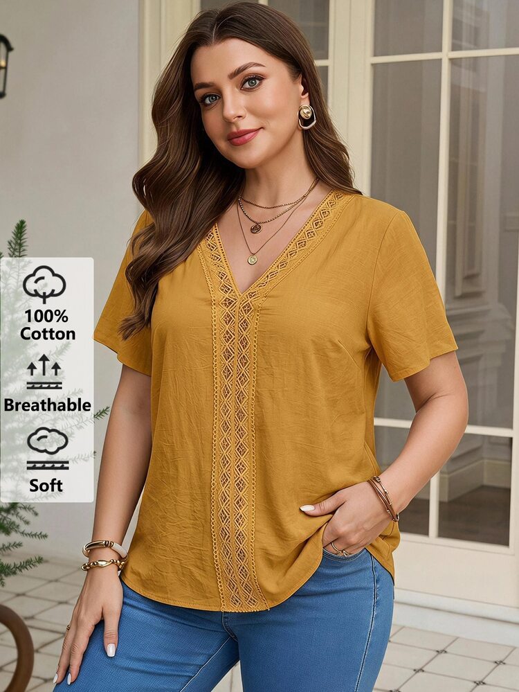 Rosumi Plus Size Women's Solid Color Contrast Lace V-Neck Short Sleeve Casual Blouse - Yellow - View 1