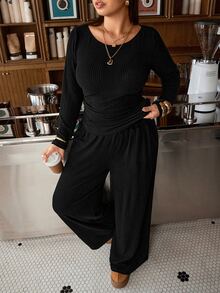 Muchica Plus-Size Women's Two Pieces Set Featuring A Solid-Color, Round-Neck, Long-Sleeve T-Shirt And Wide-Leg Pants-Suitable For Casual Loungewear. - Black - View 6