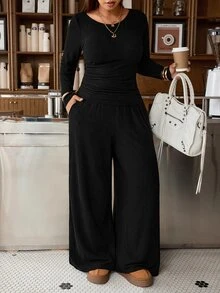 Muchica Plus-Size Women's Two Pieces Set Featuring A Solid-Color, Round-Neck, Long-Sleeve T-Shirt And Wide-Leg Pants-Suitable For Casual Loungewear. - Black - View 4
