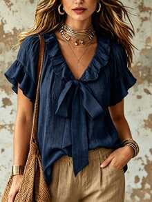 Hotletica 女款V領荷葉領荷葉袖口蝴蝶結套頭上衣，寬鬆休閒舒適，適合日常外出旅行，夏季上衣，適用於西式主題郵輪、節慶慶典、海灘度假、音樂節、波希米亞風度假、返校季、婚禮、教師節、母親節、四季皆宜，女款海灘俱樂部、哈瓦那之夜、海灘晚餐等場合，性感度假時尚單品 - 藏蓝色 - 查看 1