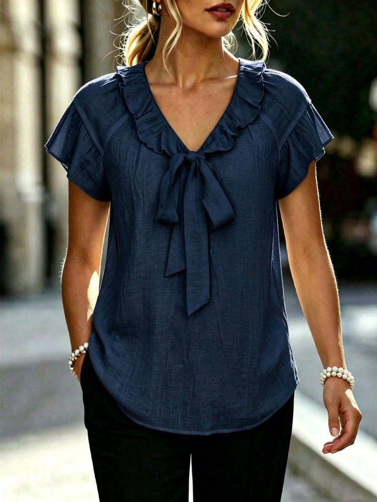 Hotletica Women's V-Neck Ruffle Collar Ruffle Cuff Bow Tie Pullover Loose Casual Comfortable Daily Outing Travel, Summer Top, Suitable For Western Theme Cruise, Festival Celebration, Beach Vacation, Music Festival, Bohemian Style Vacation, Back To School Season, Wedding, Teacher's Day, Mother's Day, All Seasons, Women's Beach Club, Havana Night Out, Beach Dinner And Other Occasions Sexy Vacation Fashion Item - Navy Blue - View 3