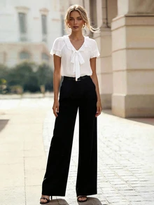 EMERY ROSE Women's V-Neck Ruffle Trim Bowknot Loose Blouse, White Summer Boho Holiday Vacation Casual Shirt For Cruise, Music Festivals, Beach, Weddings - White - View 6